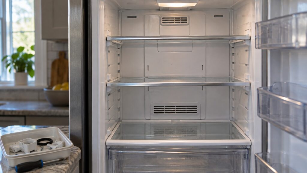 Close-up of the interior back wall and shelves of a built-in refrigerator with the door open, framed tightly on the detail, with a small parts tray beside it.