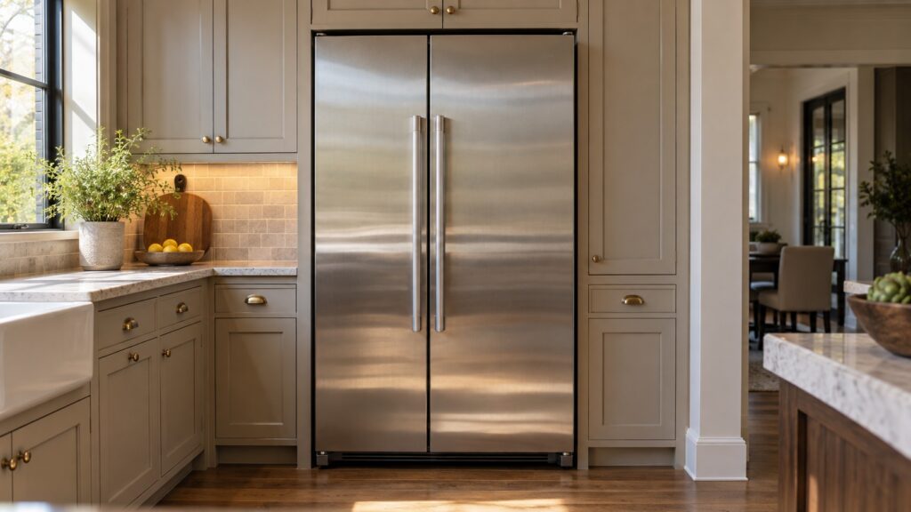 A large stainless side-by-side refrigerator standing in a fitted kitchen cabinet run, the cabinetry built tightly around it.