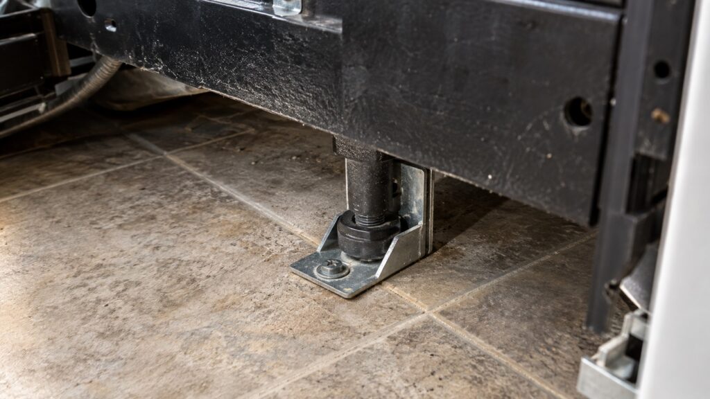 The floor behind a freestanding kitchen range with the storage drawer removed, showing an L-shaped metal anti-tip bracket screwed to the floor with the range's rear leg seated inside it.