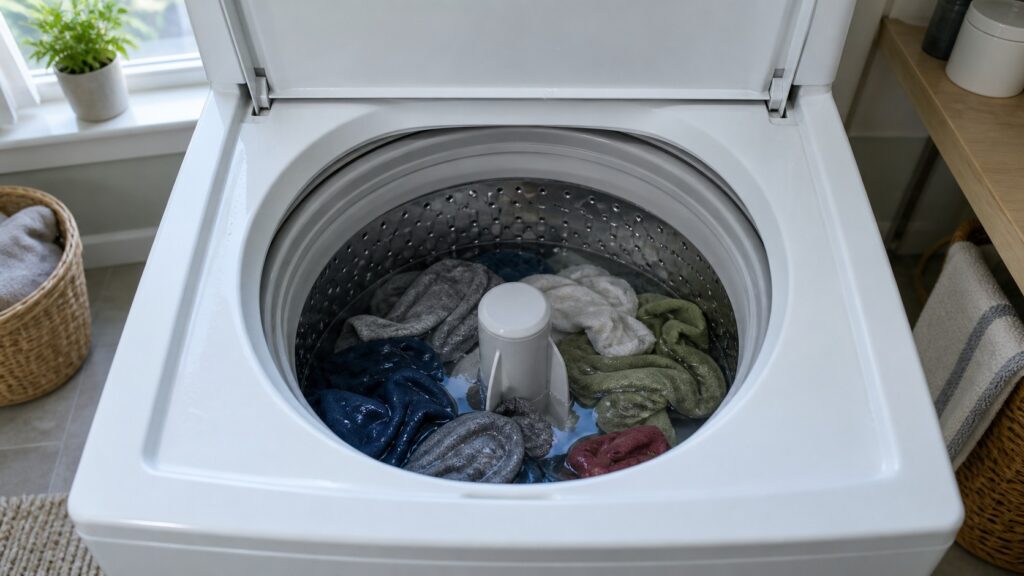 A top-load washing machine with its lid open, the drum half full of wet laundry sitting in standing water.