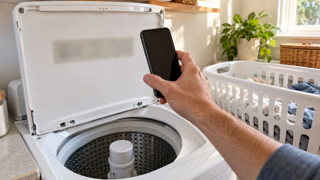 A hand holding a phone up to the rating plate inside a washing machine lid, the plate blurred and unreadable.