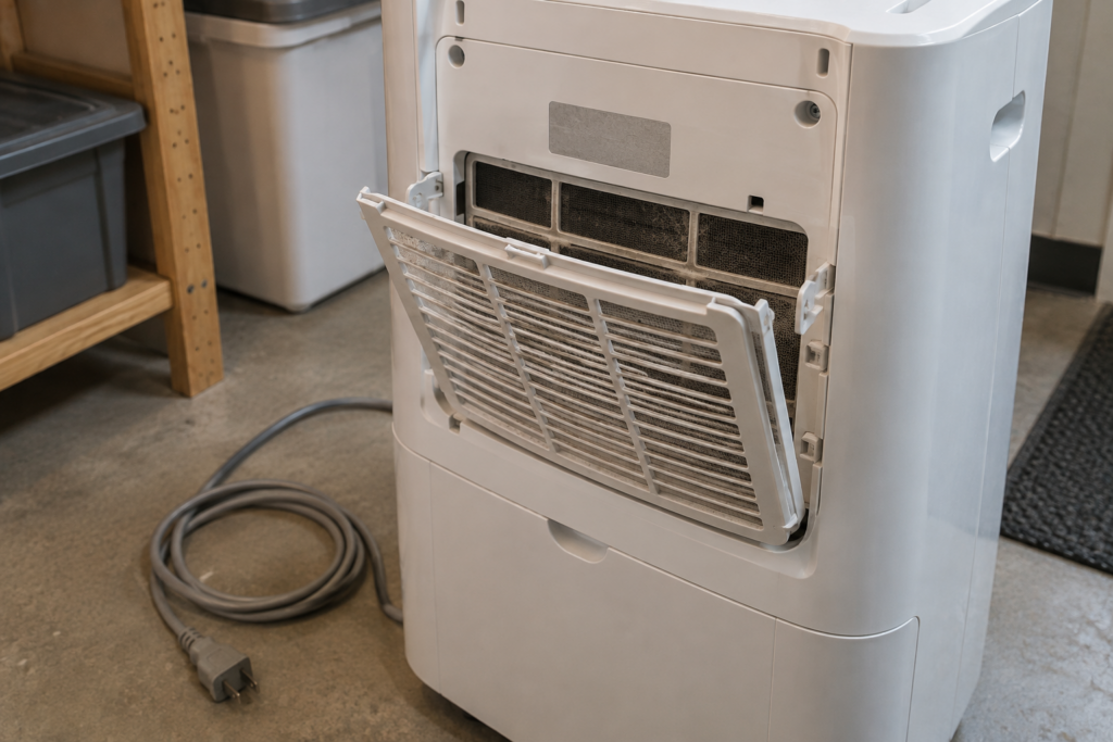 Close-up of a dehumidifier's rating label with its rear grille tilted open.
