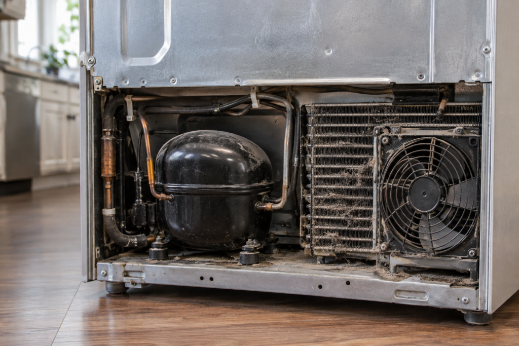 Close-up of a refrigerator's rear compressor compartment with visible dust on the coils.