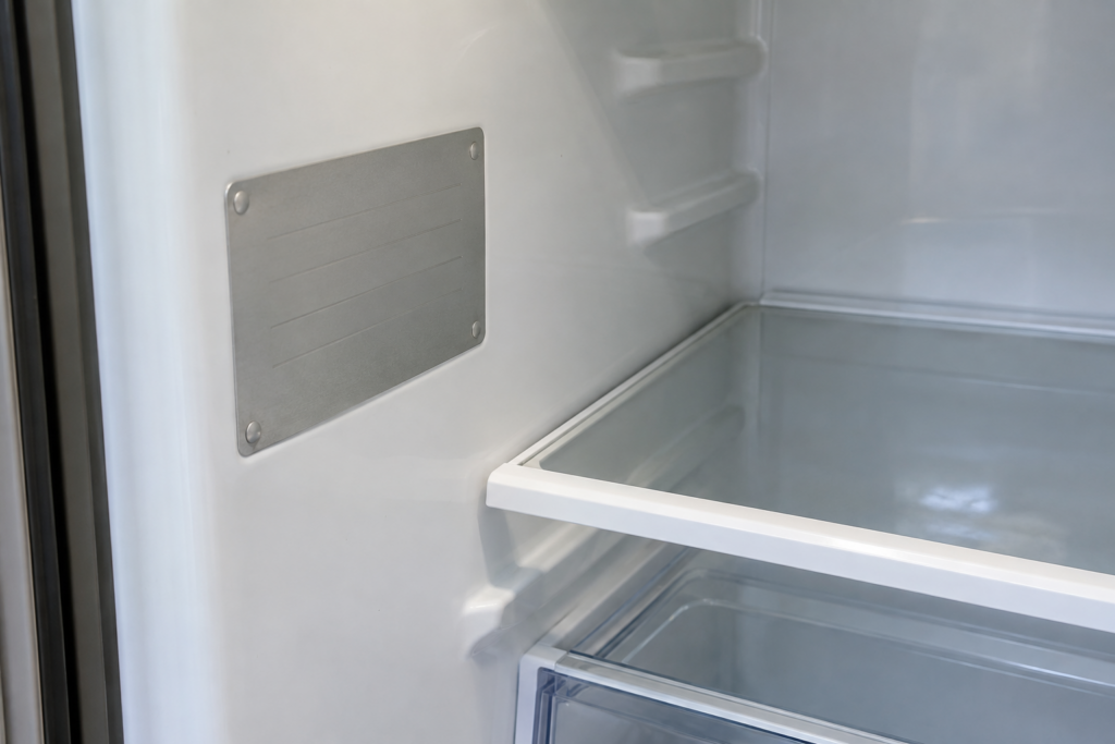 Looking up at the rating plate in the ceiling liner of a refrigerator's fresh food compartment behind the upper hinge, a hand steadying the open door.