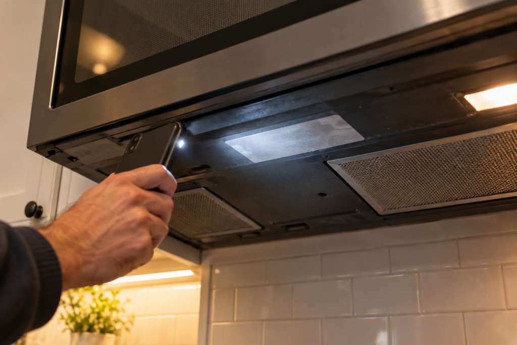 A low angle from beneath an over the range microwave at the unreadable model and serial label on its underside, a hand holding a phone torch across it.