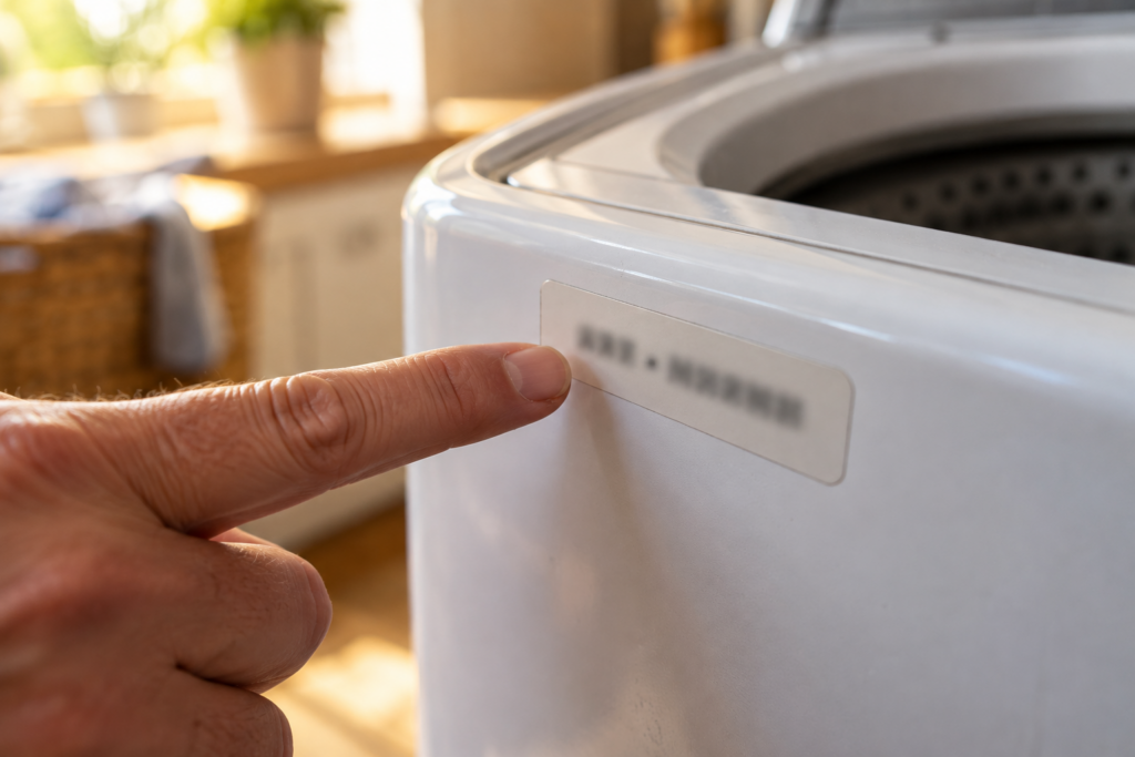A fingertip pointing at the three digit prefix on an appliance rating sticker, where a decimal point separates it from the rest of the model number.