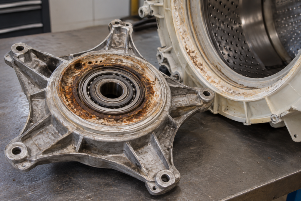 Close-up of a washing machine's rear bearing assembly showing rust around the seat.