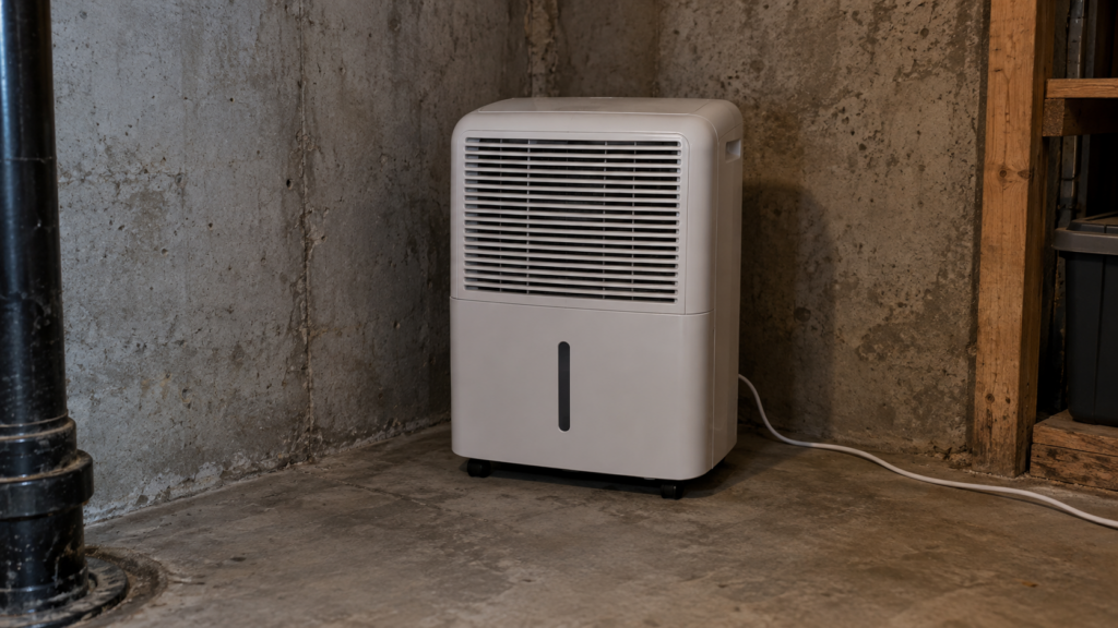 A portable dehumidifier standing in a dim basement corner.