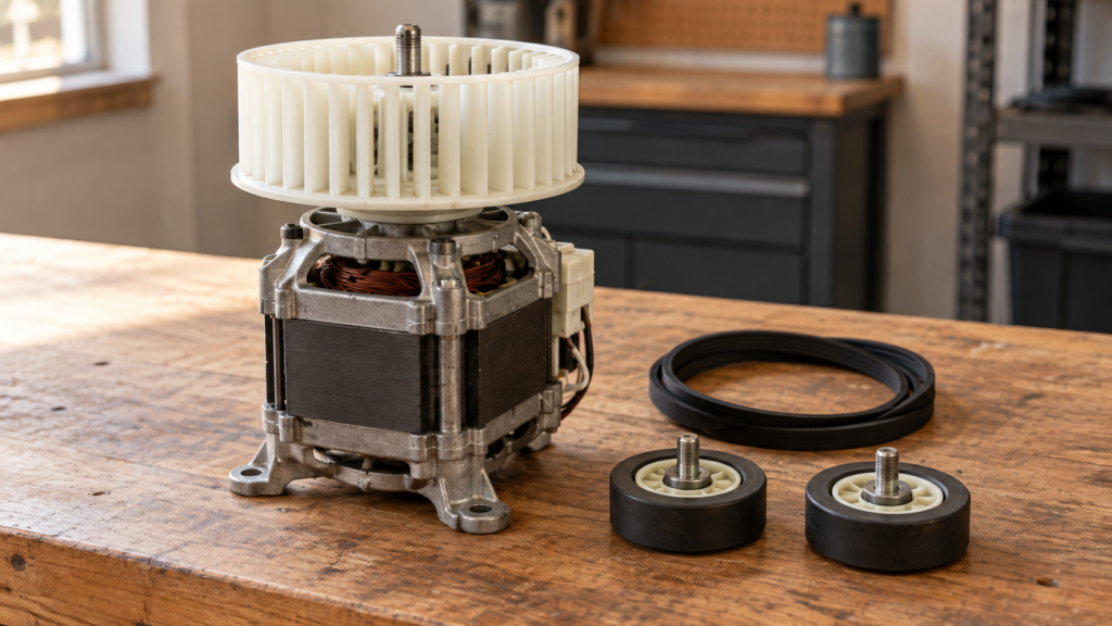 A dryer drive motor with its blower wheel still on the shaft, standing on a workbench beside a coiled new belt.