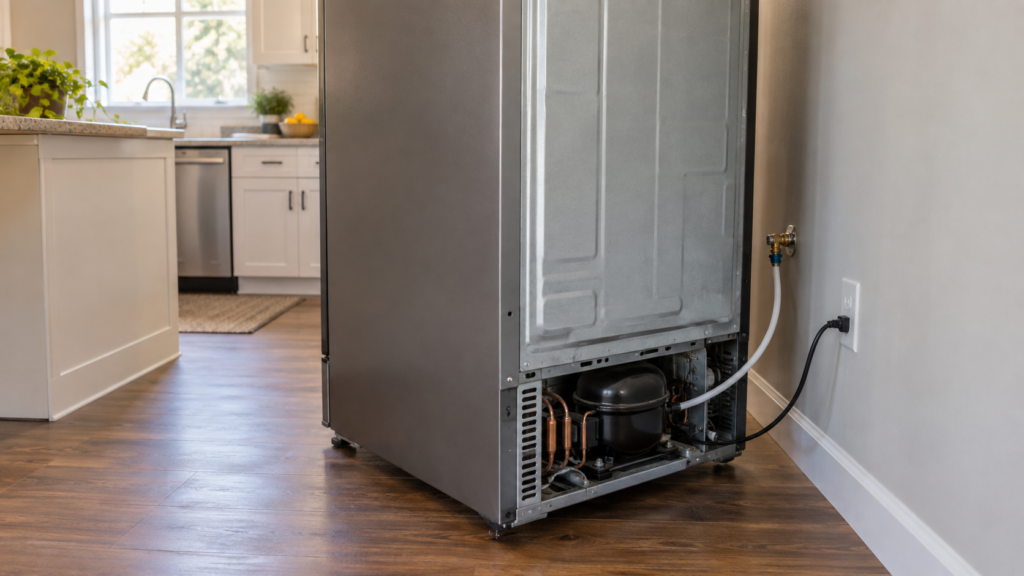 A refrigerator pulled away from the wall exposing its rear utility space.