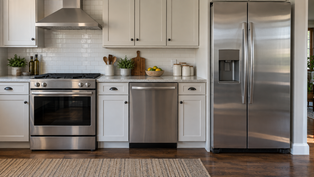 A wide view of a kitchen with a stainless range, a dishwasher front and a side by side refrigerator standing idle.