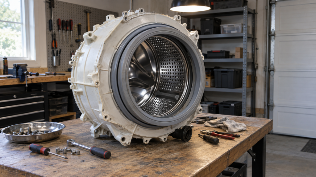 A front-load washing machine drum removed and resting on a workbench for repair.