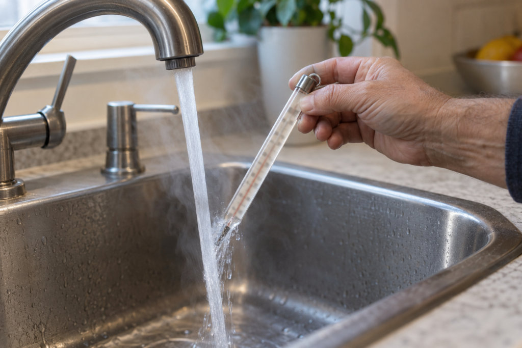A glass candy thermometer held in the stream of hot water from a kitchen faucet over a stainless steel sink, steam rising, the thermometer's markings blurred beyond reading.