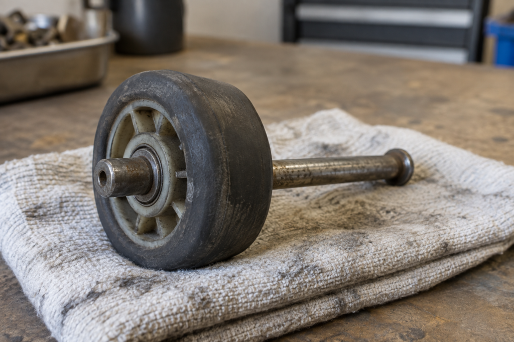 A small dryer drum support roller with its metal axle, the rubber tire worn smooth on one side, lying on a folded rag on a workbench, soft overhead light.