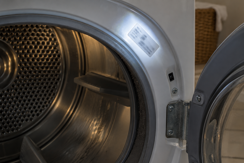 The painted frame inside the open door of a front-load dryer with a flashlight beam falling on a rating label, the characters on the label blurred beyond reading, no hands in frame.