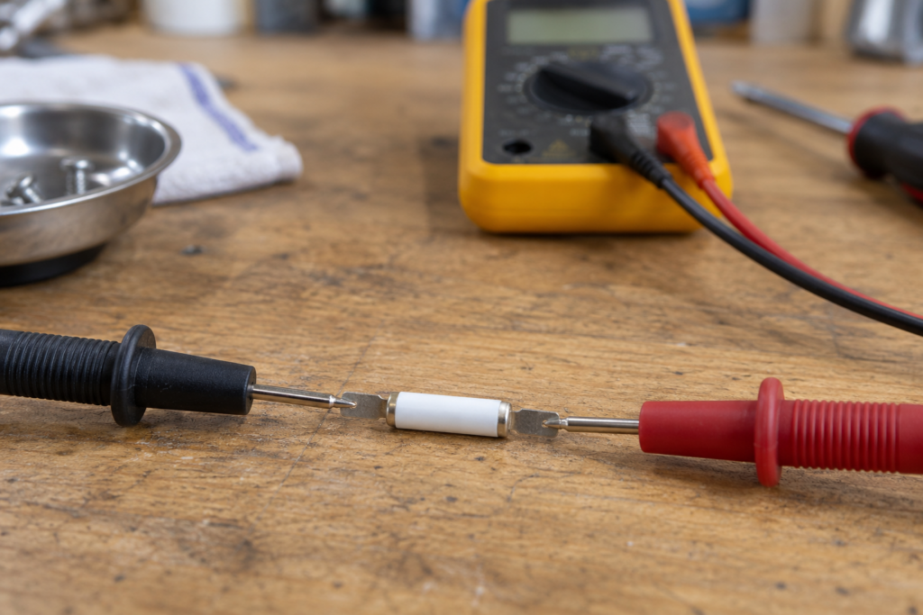 A small white thermal fuse with two metal terminals lying on a wooden workbench with a pair of multimeter probes resting on its terminals, the meter display blurred and unreadable, no hands in the frame.