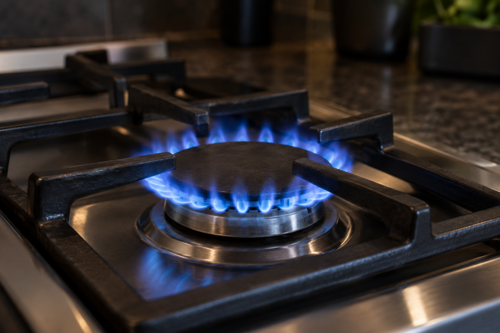A gas range burner with a steady ring of blue flames and no cookware on it, seen at a slight angle against a dark kitchen background, no hands in frame.