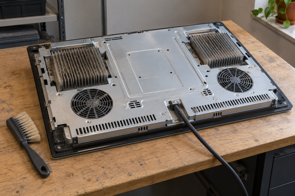 An induction cooktop lifted out of its cutout and lying upside down on a worktable, its bottom vent openings and aluminum heat sink fins with a thin layer of dust and grease, a soft brush resting beside it.