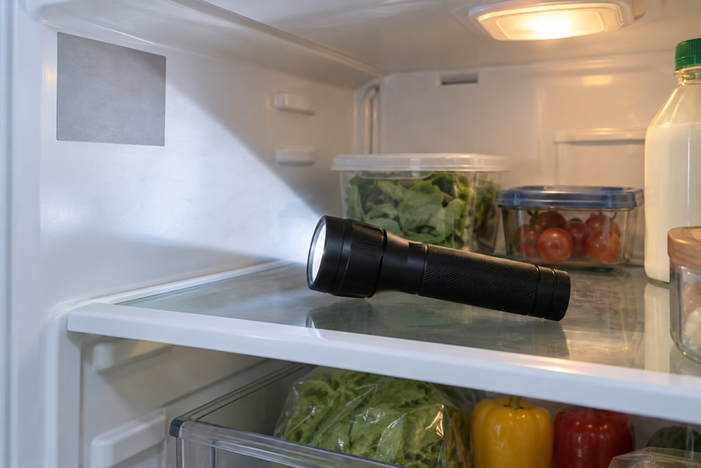 A flat gray rating label on the upper left wall inside the fresh food compartment of a refrigerator, a flashlight lying on a shelf pointing at it, the printed characters blurred and unreadable.