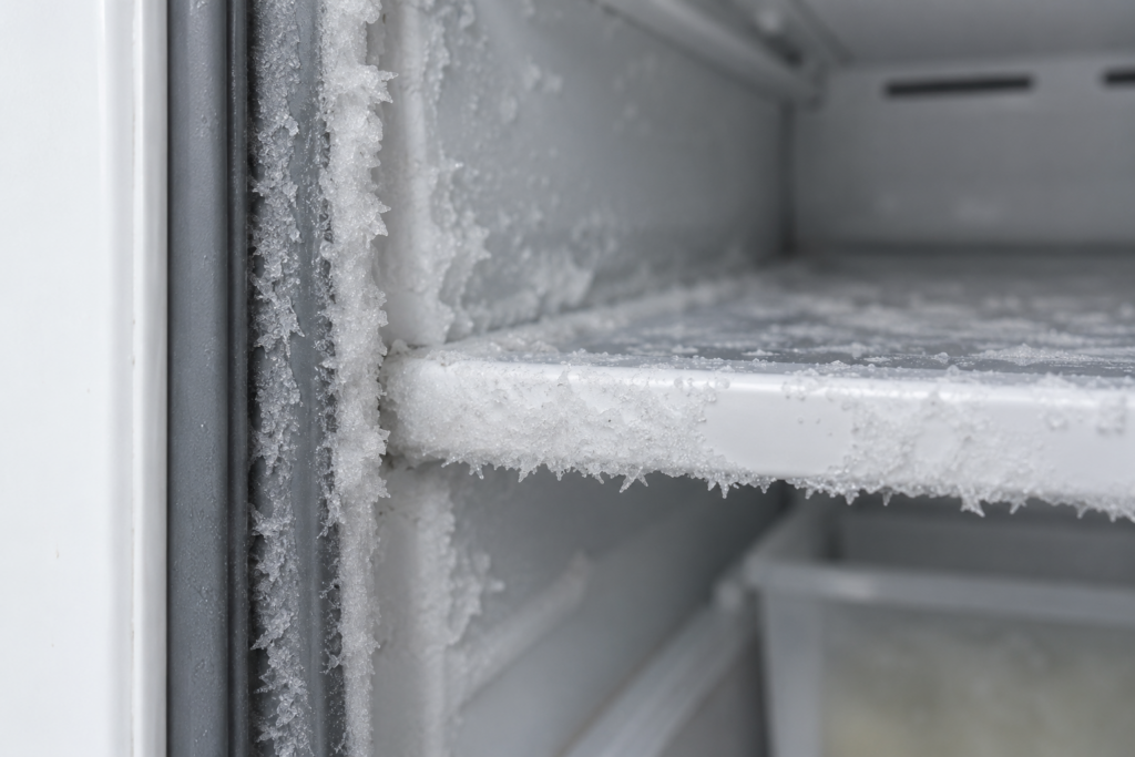 Close-up of frost crystals building along the rubber door gasket and the front edge of the top shelf of an upright freezer, cold flat light, shallow depth of field.