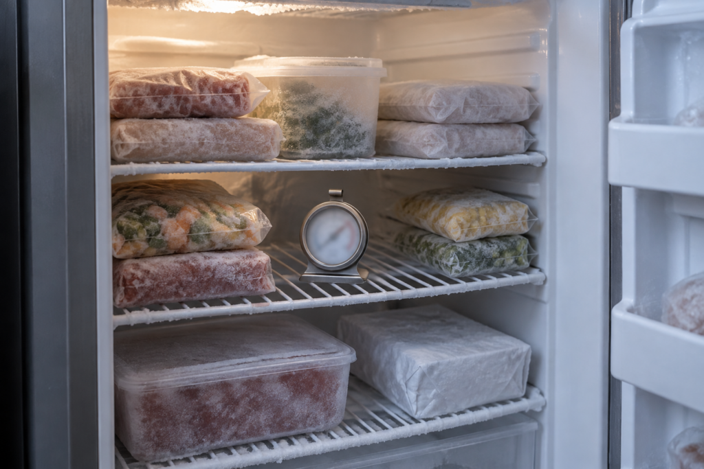 A small round appliance thermometer standing on a middle wire shelf of an open upright freezer among frosted packages, the dial face blurred beyond reading, cold interior light, no hands in frame.