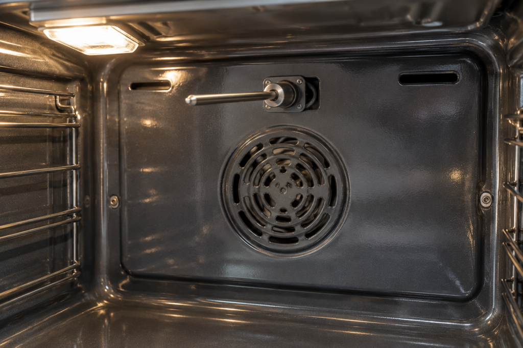 A slender metal oven temperature probe projecting from the upper rear wall of an empty wall oven cavity, bright white interior light, a faint hint of a wire harness behind the wall, no hands in frame.