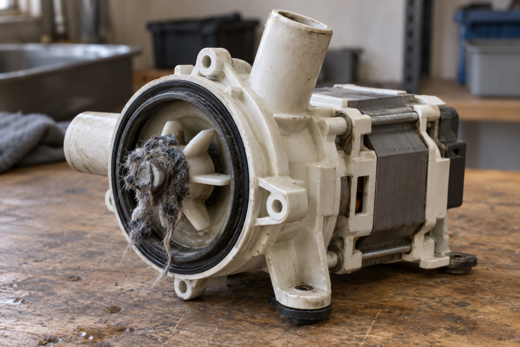 A removed washing machine drain pump with its motor and a tangle of lint around the impeller shaft standing on a wooden workbench, soft overhead light from the left.