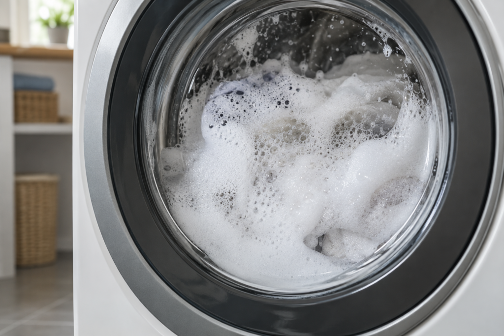Close view through the round glass door of a front-load washer with thick white foam pressed against the inside of the glass, a laundry room blurred behind, soft side light.