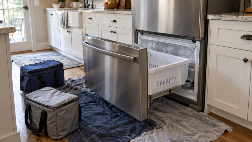 The lower freezer drawer of a bottom-freezer refrigerator pulled out and propped open over thick towels spread on the kitchen floor, two insulated cooler bags nearby, an American kitchen, morning light.