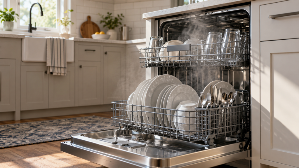 An open dishwasher right after a cycle with steam rising from the clean plates and glasses on its racks, an American kitchen, soft morning light, no hands in frame.