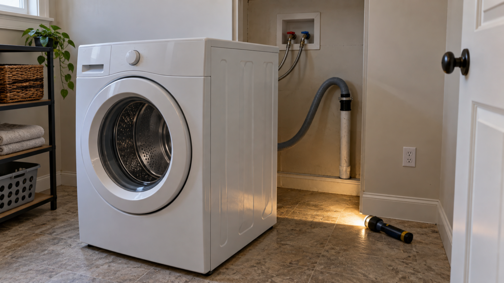 A front-load washer pulled forward from its laundry alcove with its corrugated drain hose curling toward the standpipe in the wall behind it, a flashlight beam along the floor, an American laundry room, no people.