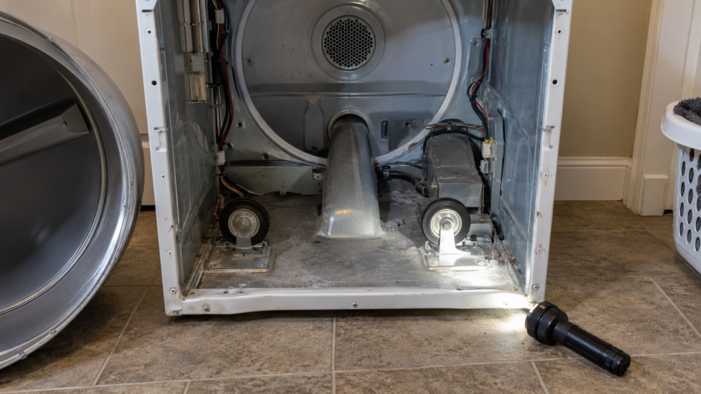 The empty cabinet of an electric dryer with its drum lifted out, two small support wheels visible on the base with a flashlight beam falling across them, laundry room floor.