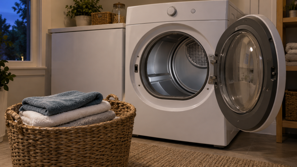 A front-load electric dryer in a laundry room with its door open on an empty drum and a basket of damp folded towels on the floor in front of it, evening light, an American home.