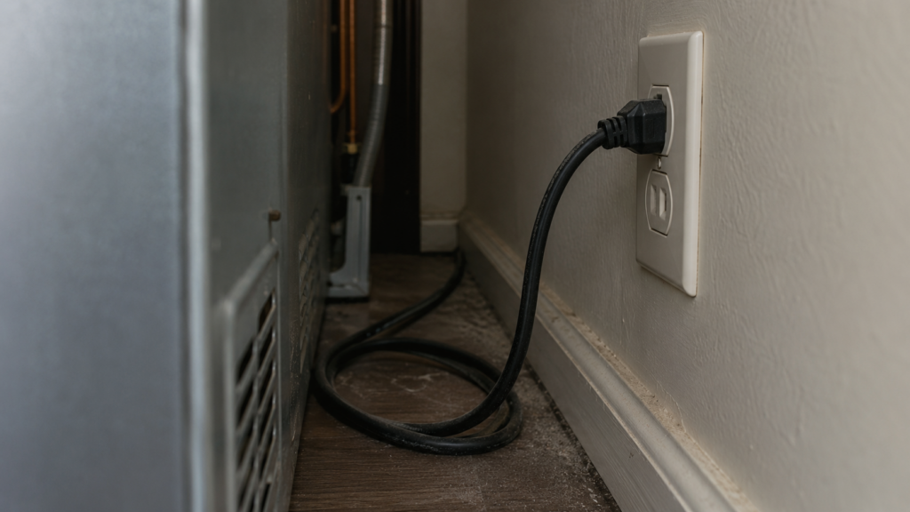 A three-prong refrigerator plug fully seated in a grounded wall outlet behind a refrigerator, a loose coil of cord and a little dust on the baseboard beside it, dim light.