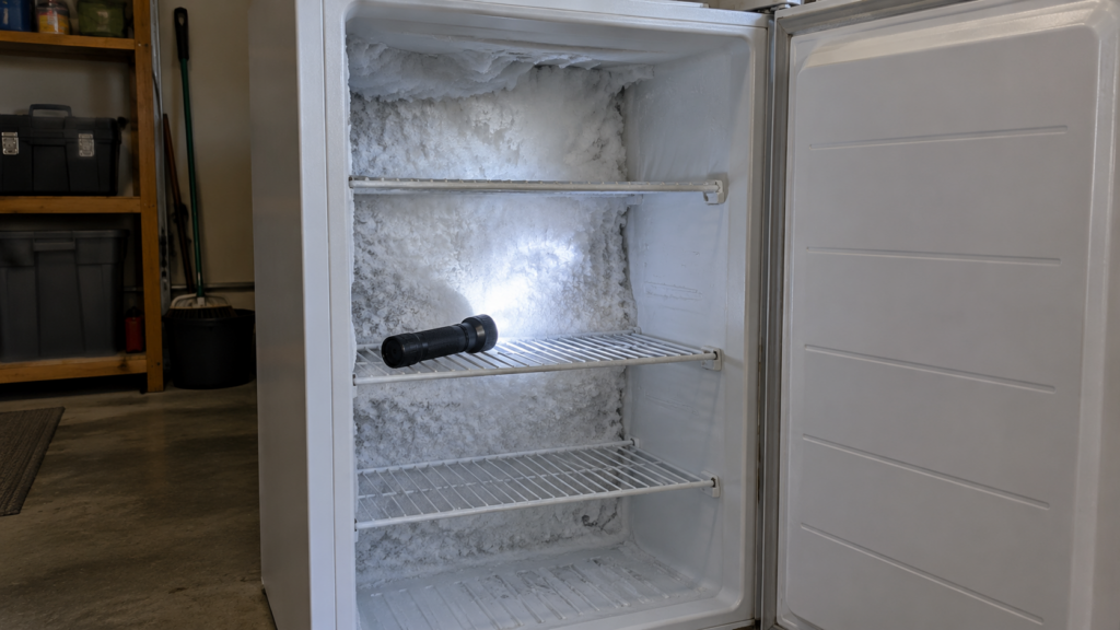 The open door of an upright freezer in a garage with a thick white mat of frost covering the back wall behind a few wire shelves, a flashlight lying on a shelf and shining at the wall.
