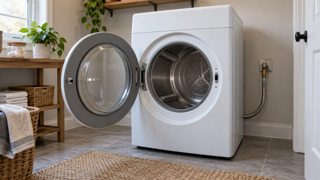 A front-load gas dryer standing in an American laundry room with its round door wide open and the drum empty, a flexible gas supply line visible at the wall behind it, no flame, soft daylight.