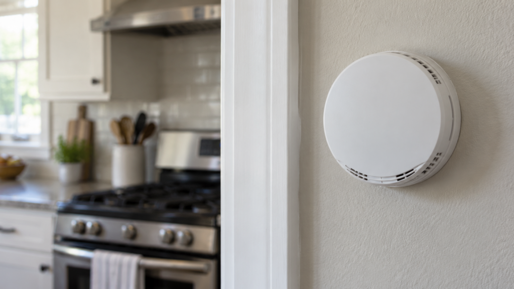 A white round wall-mounted smoke and carbon monoxide combination alarm on a kitchen wall near a doorway, its face blank with no markings, a gas range blurred in the background, soft daylight, an American kitchen.