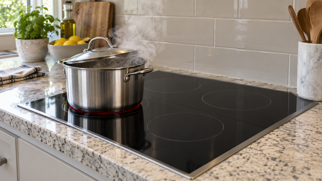 A stainless steel pot with its lid slightly ajar on one zone of a black glass induction cooktop set in a stone countertop, steam rising, the other three zones dark and blank, an American kitchen.