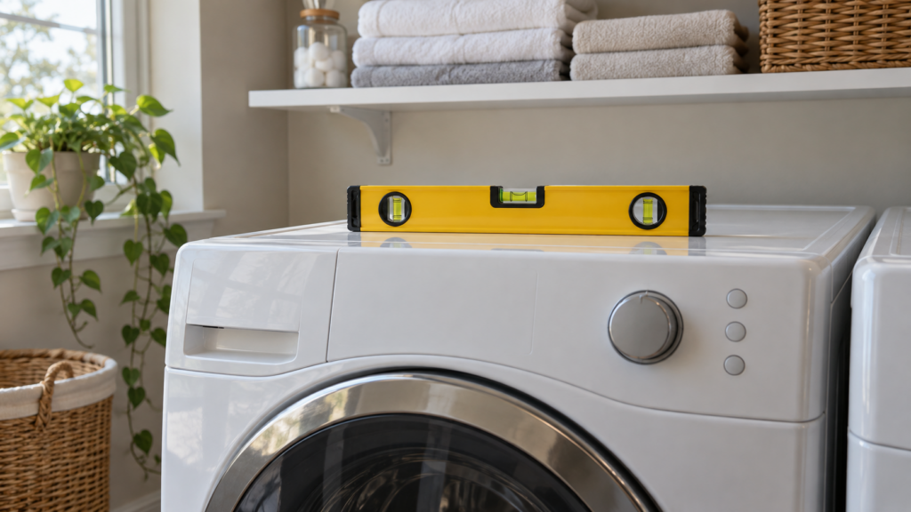 A small yellow bubble level lying across the top of a front-load washer in an American laundry room, the bubble sitting centered between its two lines, folded towels on a shelf above.