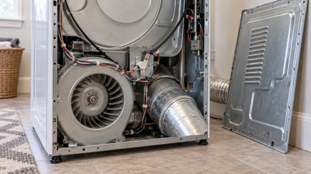The blower housing and exhaust duct of an electric dryer with its rear panel removed and leaned against a laundry room wall, a small white thermal fuse on a metal bracket in focus.