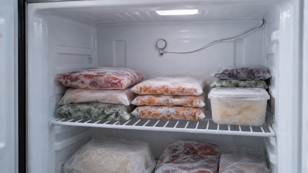 Inside an open upright freezer, one wire shelf of neatly stacked frosted food packages and a small round sensor probe clipped to the rear panel with a thin wire running along the liner, cold interior light, an American home.