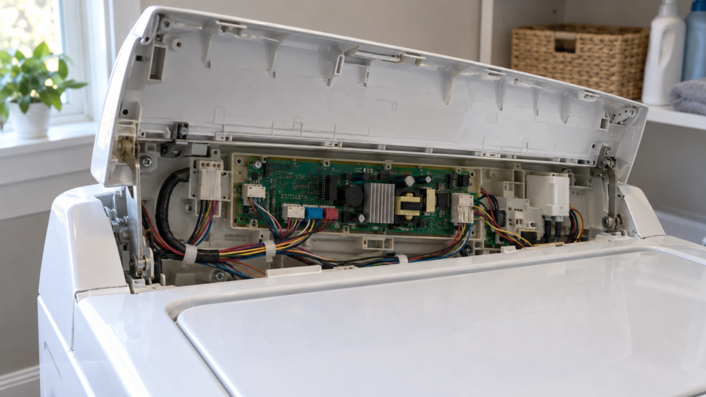 The back cover of a top-load washer's control console lifted away showing a circuit board with colored wire harness plugs, side light from a laundry room window, no hands in frame.
