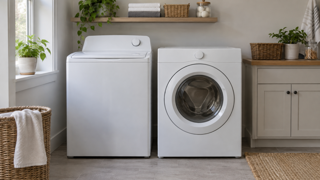 A top-load washer with a round dial and a front-load washer with a flat panel standing side by side in an American laundry room, both lids and doors closed and the control panels blank.