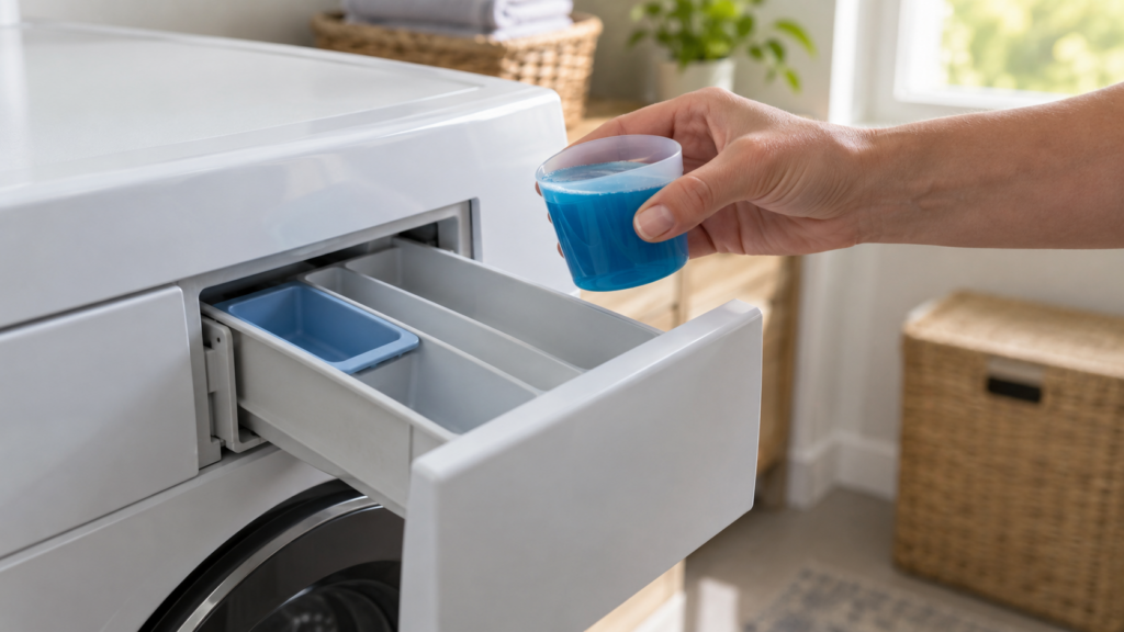 A hand holding a small measuring cup of liquid detergent beside the pulled-out detergent drawer of a front-load washer, only the hand and cup in frame, an American laundry room, soft morning light.